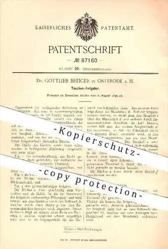 original Patent - Dr. G. Breiger , Osterode / Harz 1895 , Taschen - Irrigator , Irrigatoren , Medizin  Gesundheit , Arzt