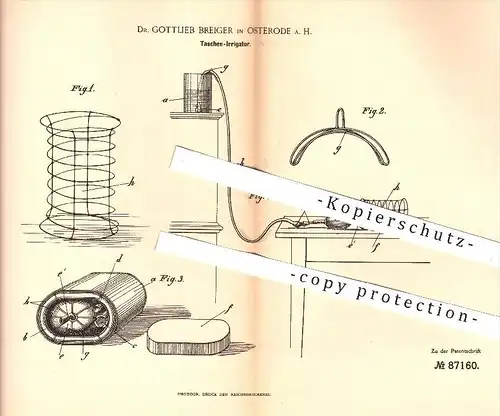 original Patent - Dr. G. Breiger , Osterode / Harz 1895 , Taschen - Irrigator , Irrigatoren , Medizin  Gesundheit , Arzt