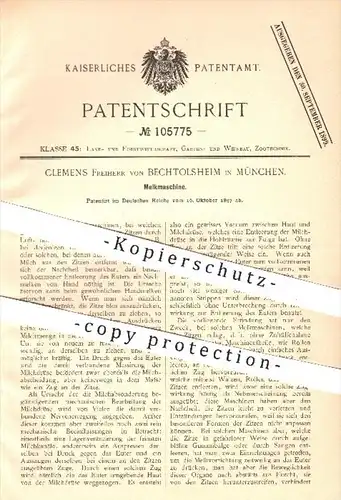 original Patent - C. Freiherr von Bechtolsheim , München , 1897 , Melkmaschine , Melken , Milch , Kühe , Tierzucht !!