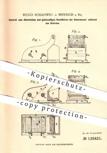 original Patent - Hugo Schadwill , Biebrich , 1901 , Abstreichen u. Desinfizieren der Rasiermesser , Rasierer , Rasieren