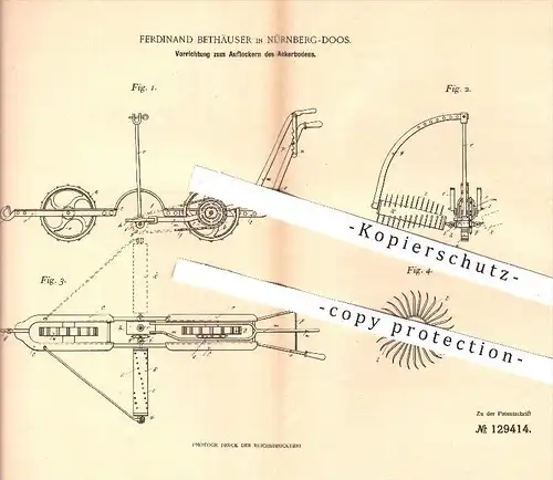 original Patent - Ferdinand Bethäuser , Nürnberg - Doos , 1900 , Auflockern von Ackerboden , Acker , Landwirtschaft !!