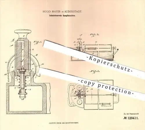original Patent - Hugo Mayer in Rudolstadt , 1901 , Selbststeuernde Dampfmaschine , Dampfmaschinen , Motoren , Motor !
