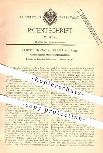 original Patent - Albert Höing , Steele / Ruhr , 1894 , Aufschneidbarer Weichenspitzenverschluss , Weichen , Eisenbahnen