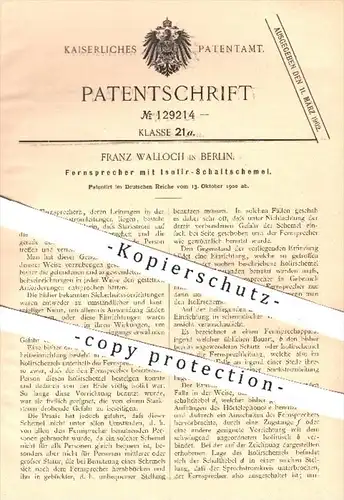 original Patent - F. Walloch , Berlin , 1900 , Fernsprecher mit Isolier - Schaltschemel , Strom , Starkstrom , Telefon