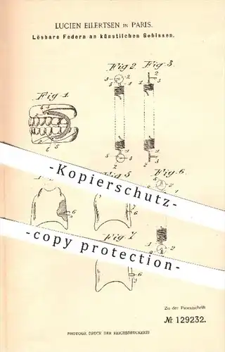 original Patent - Lucien Eilertsen in Paris , 1900 , Lösbare Federn am künstlichen Gebiss , Zahn , Zähne , Zahnarzt !!