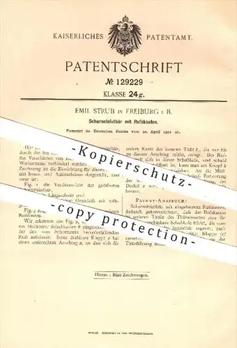 original Patent - E. Strub , Freiburg 1901 , Schornsteintür mit Russkasten , Schornstein , Ofen  Öfen , Schornsteinfeger