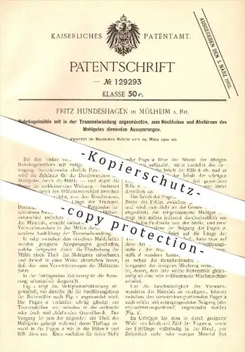 original Patent - F. Hundeshagen , Mülheim , 1900 , Rohrkugelmühle zum Hochheben und Abstürzen des Mahlgutes , Mühlen !!