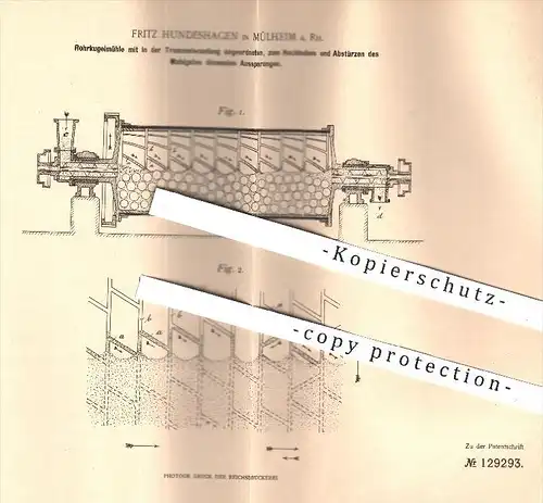 original Patent - F. Hundeshagen , Mülheim , 1900 , Rohrkugelmühle zum Hochheben und Abstürzen des Mahlgutes , Mühlen !!