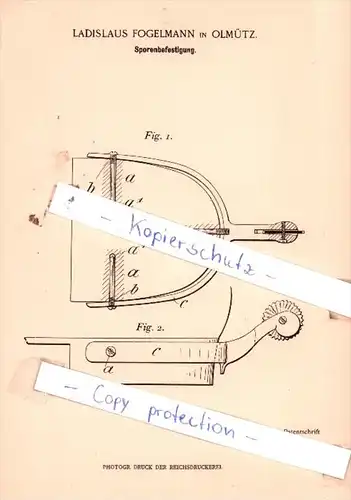 Original Patent  - Ladislaus Fogelmann in Olmütz , 1898 , Sporenbefestigung !!!