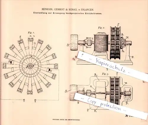 Original Patent  - Reiniger, Gebbert & Schall in Erlangen , 1898 , Elektrische Apparate !!!