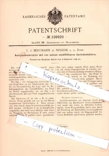 Original Patent  - F. J. Bergmann in Neheim a. d. Ruhr , 1898 , Gasbereitung und Beleuchtung !!!