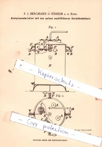 Original Patent  - F. J. Bergmann in Neheim a. d. Ruhr , 1898 , Gasbereitung und Beleuchtung !!!