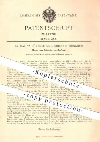 original Patent - K. Büttner geb. Liebherr , München , 1900 , Messer zum Schneiden von Kohl , Schneidzeug , Werkzeuge !!