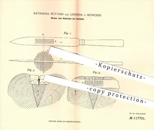 original Patent - K. Büttner geb. Liebherr , München , 1900 , Messer zum Schneiden von Kohl , Schneidzeug , Werkzeuge !!