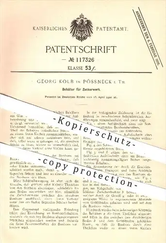 original Patent - Georg Kolb in Pössneck , 1900 , Behälter für Zuckerwerk , Zucker , Bonboniere , Glas , Haushalt !!!