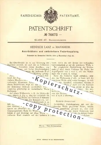 original Patent - Heinrich Lanz in Mannheim , 1893 , Ausrückbare u. umkehrbare Federkupplung , Kupplung , Traktoren !!!