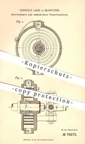 original Patent - Heinrich Lanz in Mannheim , 1893 , Ausrückbare u. umkehrbare Federkupplung , Kupplung , Traktoren !!!