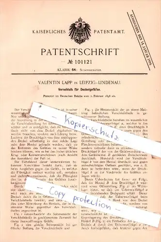 Original Patent  - Valentin Lapp in Leipzig-Lindenau , 1898 , Verschluß für Deckelgefäße !!!