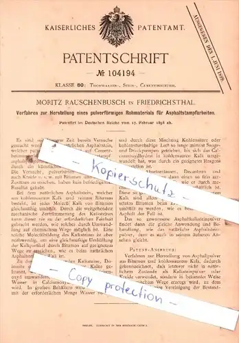 Original Patent  - Moritz Rauschenbusch in Friedrichsthal , 1898 , Thonwaarenindustrie !!!