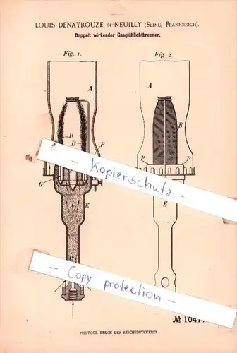 Original Patent  - L. Denayrouze in Neuilly , Seine, Frankreich , 1897 , Gasglühlichtbrenner !!!