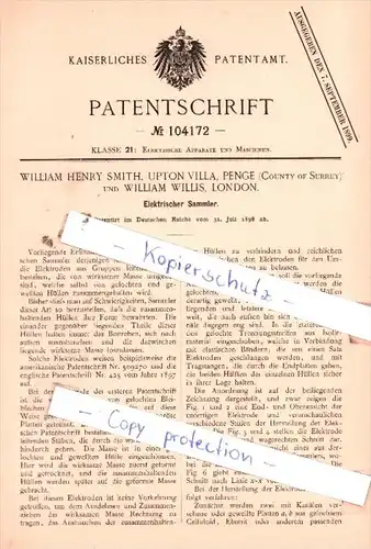 Original Patent  - William Smith, Upton Villa, Penge und William Willis, London , 1898 , !!!