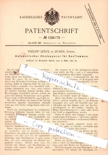 Original Patent  - Philipp Lenze in Düren, Rheinl , 1897 , Zündapparat für Gasflammen !!!