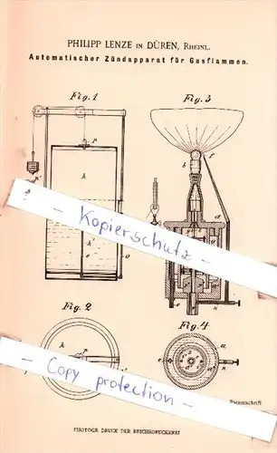 Original Patent  - Philipp Lenze in Düren, Rheinl , 1897 , Zündapparat für Gasflammen !!!