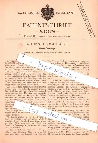 Original Patent  - Dr. A. Kossel in Marburg a. L. , 1898 , Absetz-Centrifuge !!!