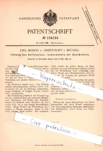 Original Patent  -  Emil Bohon in Anderlecht b. Brüssel , 1898 , Hüttenwesen !!!