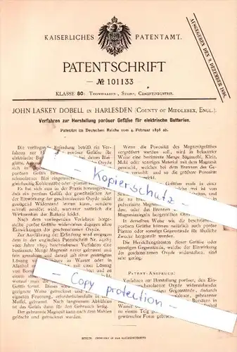 Original Patent  - John Laskey in Harlesden , County of Middlesex, Engl. , 1898 , Thonwaaren !!!