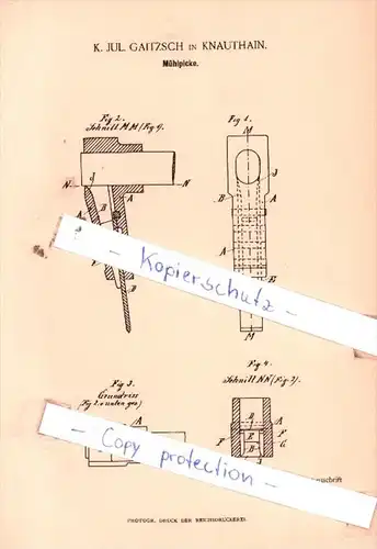 Original Patent  - K. Jul. Gaitzsch in Knauthain , 1894 , Mühlpicke !!!