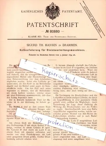 Original Patent  - Sigurd Th. Hansen in Drammen , 1894 , Steinbearbeitungsmaschinen !!!