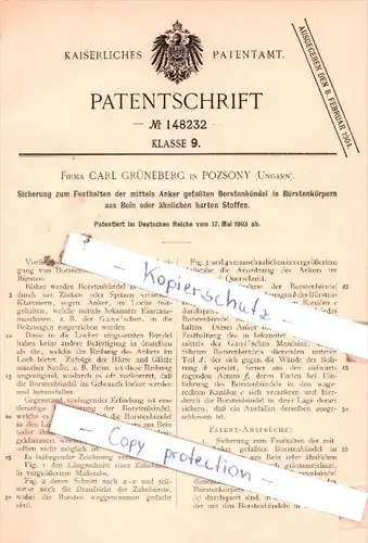 Original Patent  - Firma Carl Grüneberg in Pozsony , Ungarn , 1903 , !!!