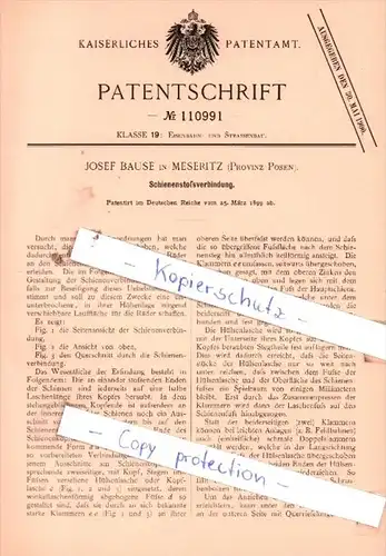 Original Patent  - Josef Bause in Meseritz , Provinz Posen , 1899 , Schienenstoßverbindung !!!