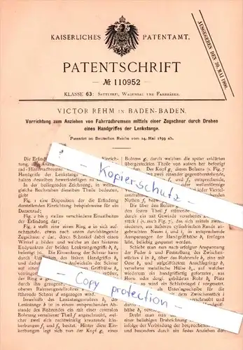 Original Patent  - Victor Rehm in Baden-Baden , 1899 ,  Fahrradbremsen !!!