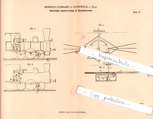 Original Patent  - Heinrich Lohmann in Osterwieck a. Harz , 1887 , Eisenbahnbetrieb !!!