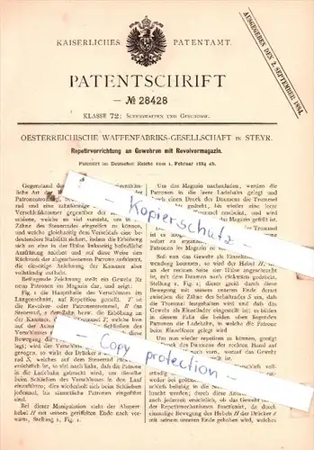 Original Patent  - Oesterreichische Waffenfabriks-Gesellschaft in Steyr , 1884 , Schusswaffen !!!