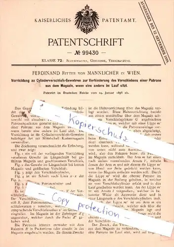 Original Patent  - Ferdinand Ritter von Mannlicher in Wien , 1896 , Schusswaffen !!!