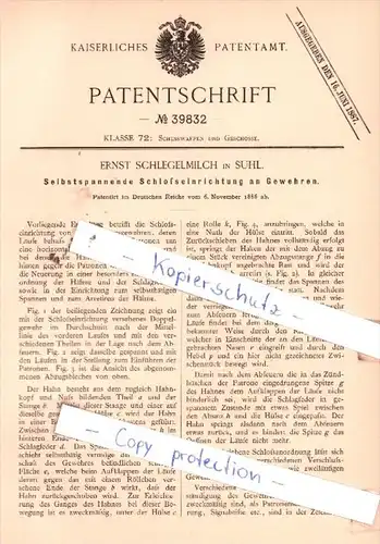 Original Patent  - Ernst Schlegelmilch in Suhl , 1886 , Schloßeinrichtung an Gewehren !!!