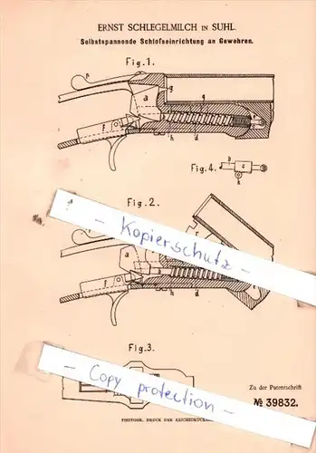 Original Patent  - Ernst Schlegelmilch in Suhl , 1886 , Schloßeinrichtung an Gewehren !!!