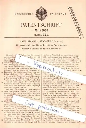 Original Patent  - Hans Stamm in St. Gallen , Schweiz , 1902 , Abzugsvorrichtung für Feuerwaffen !!!