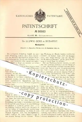 original Patent - Dr. Ludwig Bors in Budapest , 1895 , Mundsperrer , Mundsperre , Zähne , Zahnarzt , Medizin , Kiefer !