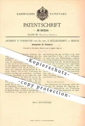 original Patent - Ansbert E. Vorreiter , Dr. Phil. E. Müllendorf , Berlin , 1895 , Schallplatte für Telefone , Telefon !