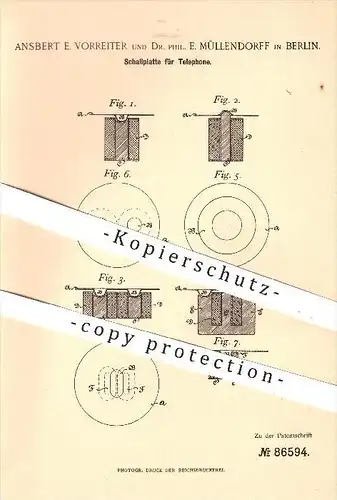 original Patent - Ansbert E. Vorreiter , Dr. Phil. E. Müllendorf , Berlin , 1895 , Schallplatte für Telefone , Telefon !