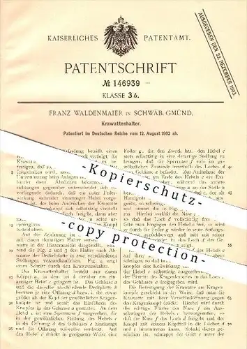original Patent - F. Waldenmaier , Schwäbisch Gmünd , 1902 , Krawattenhalter , Krawatte , Krawatten , Bekleidung , Mode
