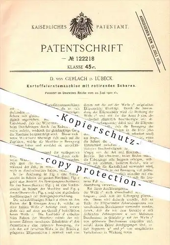 original Patent - D. von Gerlach in Lübeck , 1900 , Kartoffel - Erntemaschine mit rotierenden Scharen , Landwirtschaft !