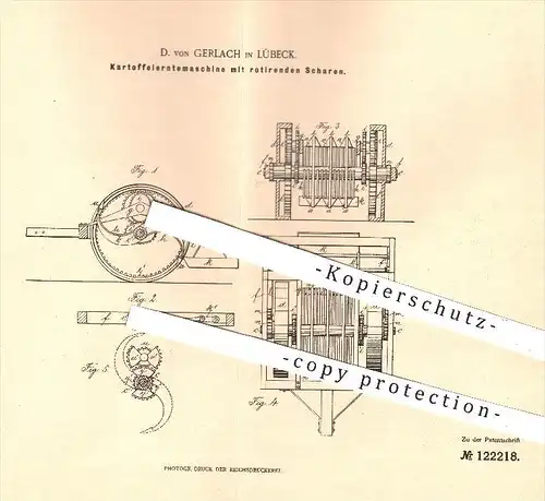 original Patent - D. von Gerlach in Lübeck , 1900 , Kartoffel - Erntemaschine mit rotierenden Scharen , Landwirtschaft !