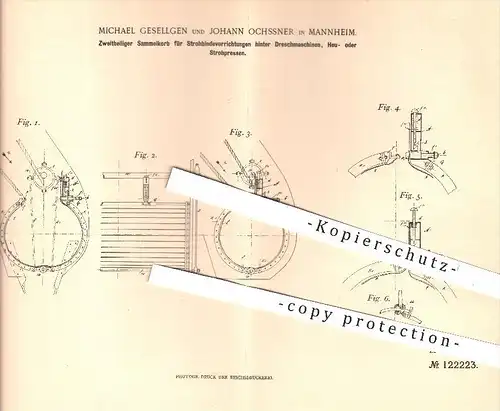 original Patent - M. Gesellgen , J. Ochssner , Mannheim , 1900 , Korb für Strohbinder an Drescher , Stroh - Pressen !!