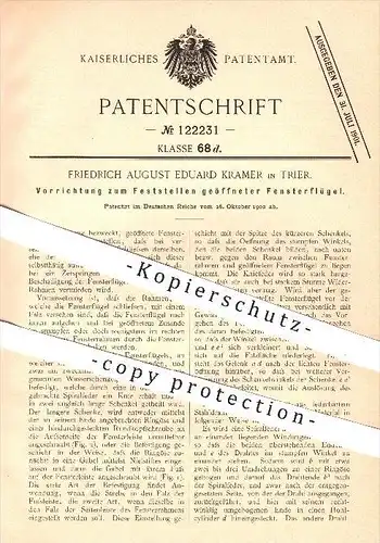original Patent - Fr. A. E. Kramer , Trier , 1900 , Feststellen geöffneter Fensterflügel , Fenster , Fensterrahmen !!!