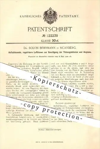 original Patent - Dr. Solon Behrmann , Nürnberg 1900 , Aufblasbare Luftkissen gegen Teleangiektasien u. Angiome , Kissen